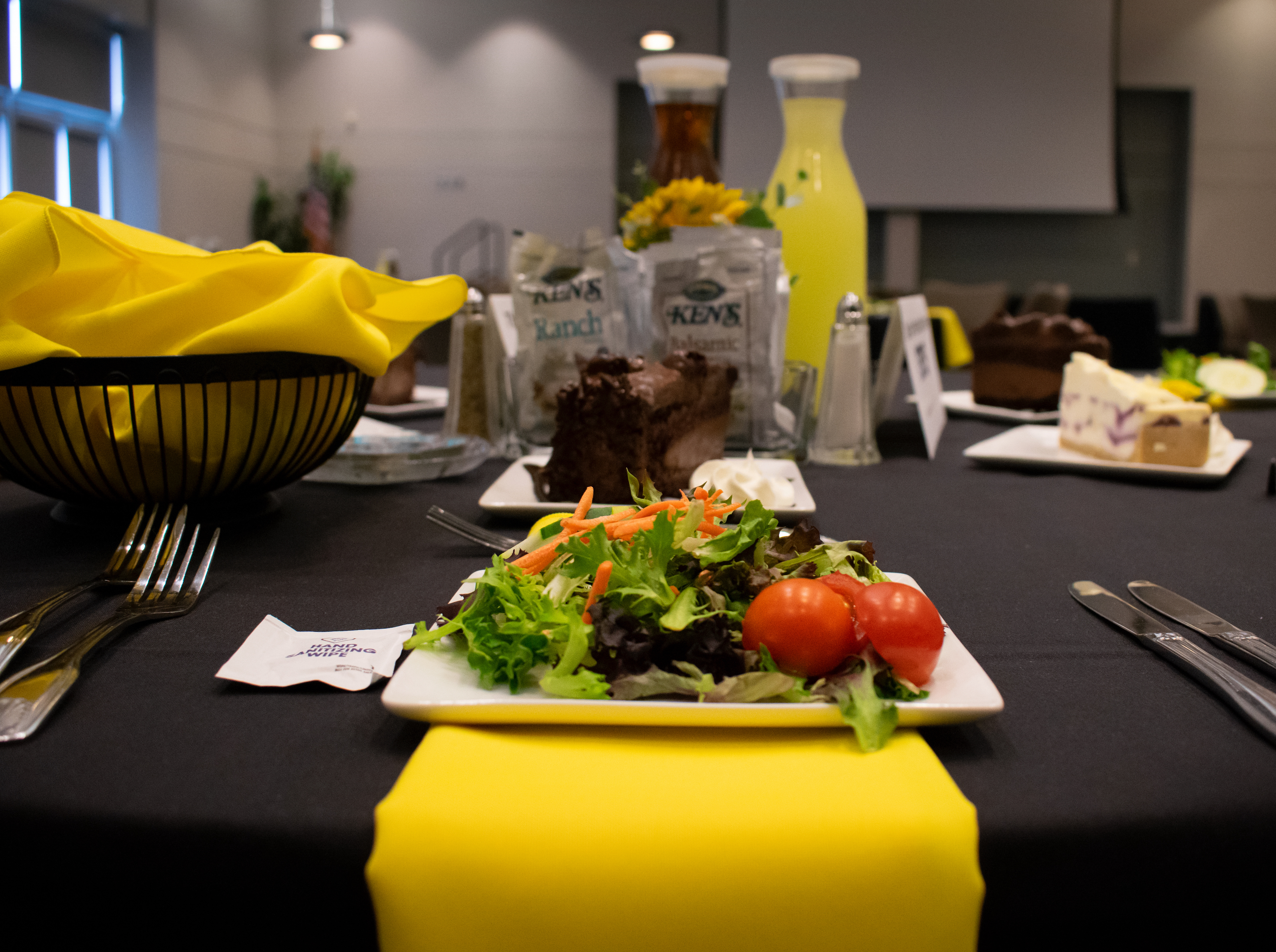 Place setting with salad and dessert